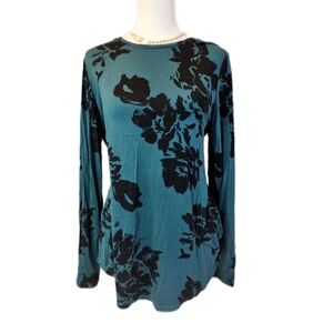 Apt. 9 Teal and Black Floral Long Sleeve Top